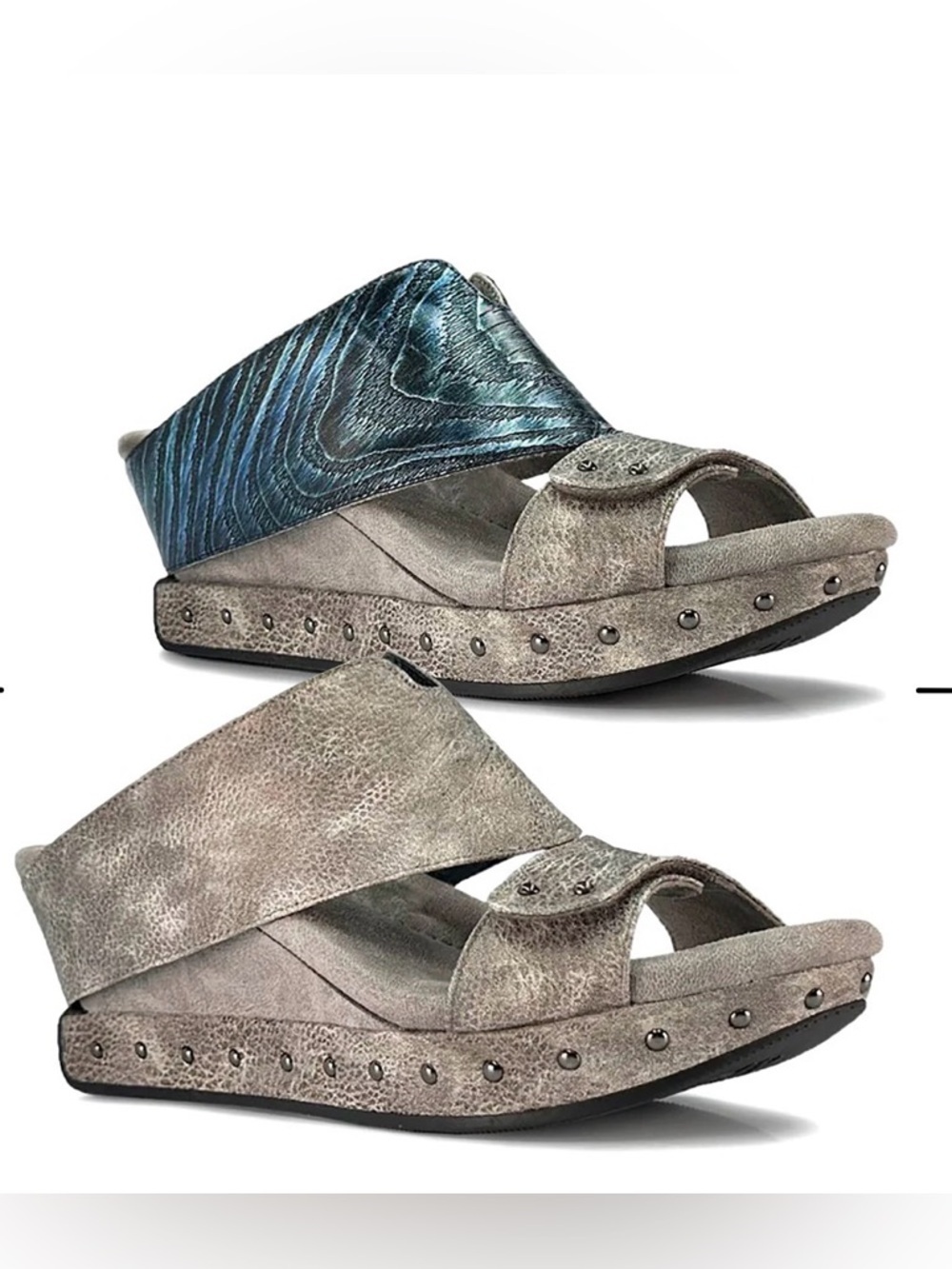 Women’s Metallic Taupe Slide Sandals with Teal Accent